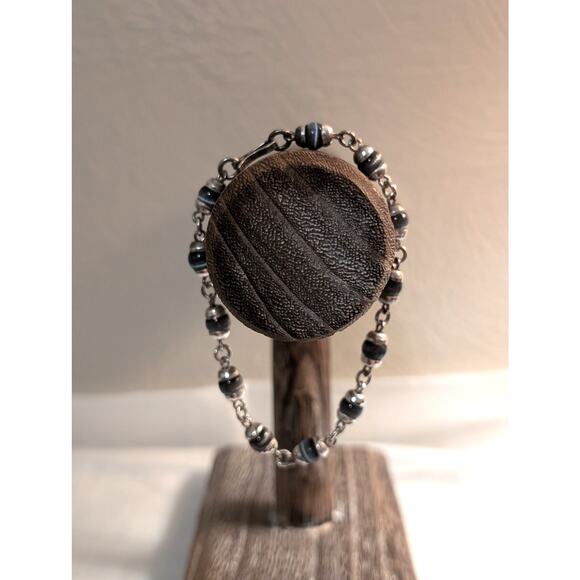 Vintage Gray Cat's Eye Glass Bead 925 Sterling Silver Hook Clasp Bracelet - Picture 2 of 7